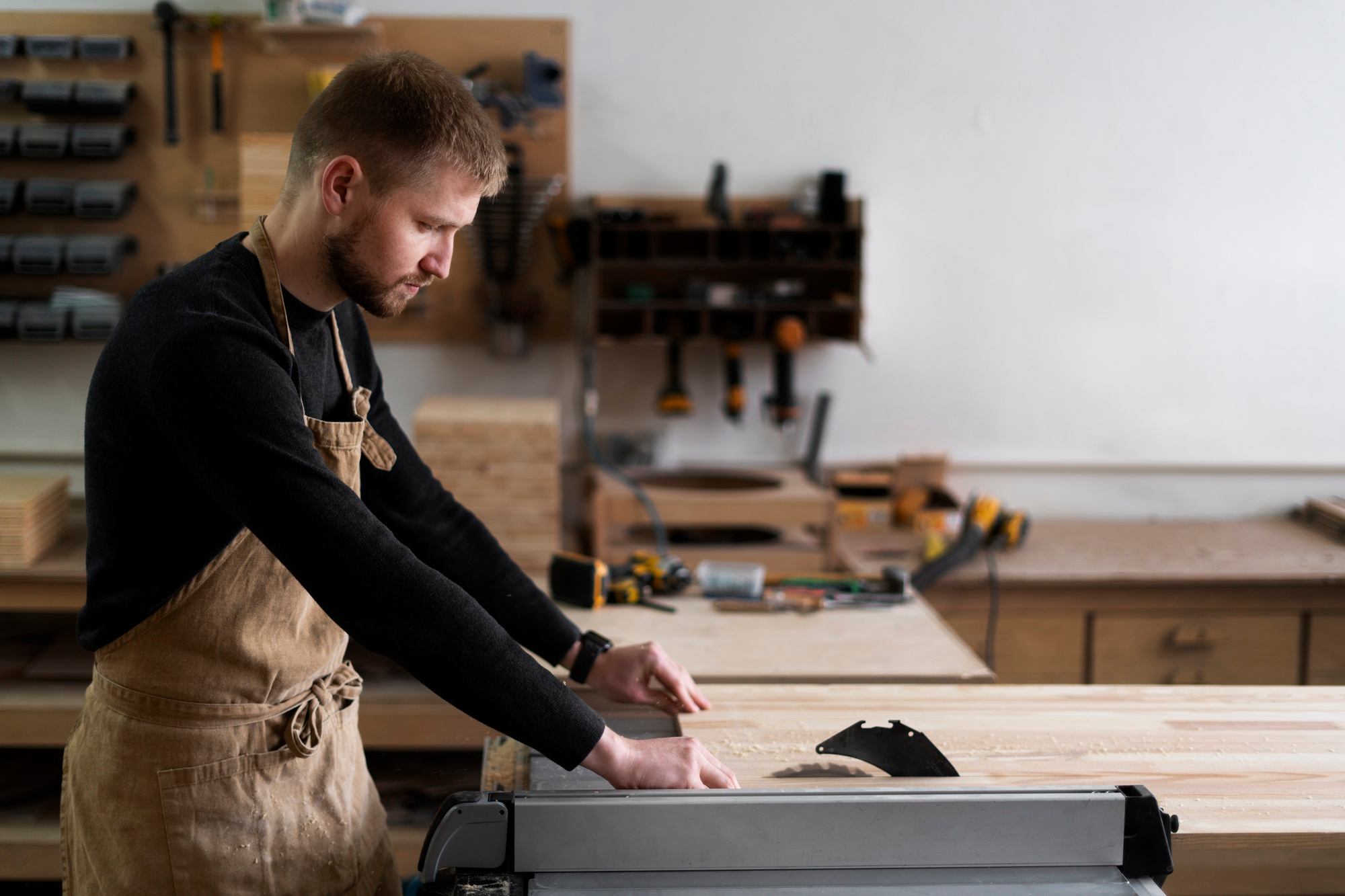 artisan concentré sur la découpe du bois chez ACDC Menuiserie à Montpellier dans un atelier organisé,