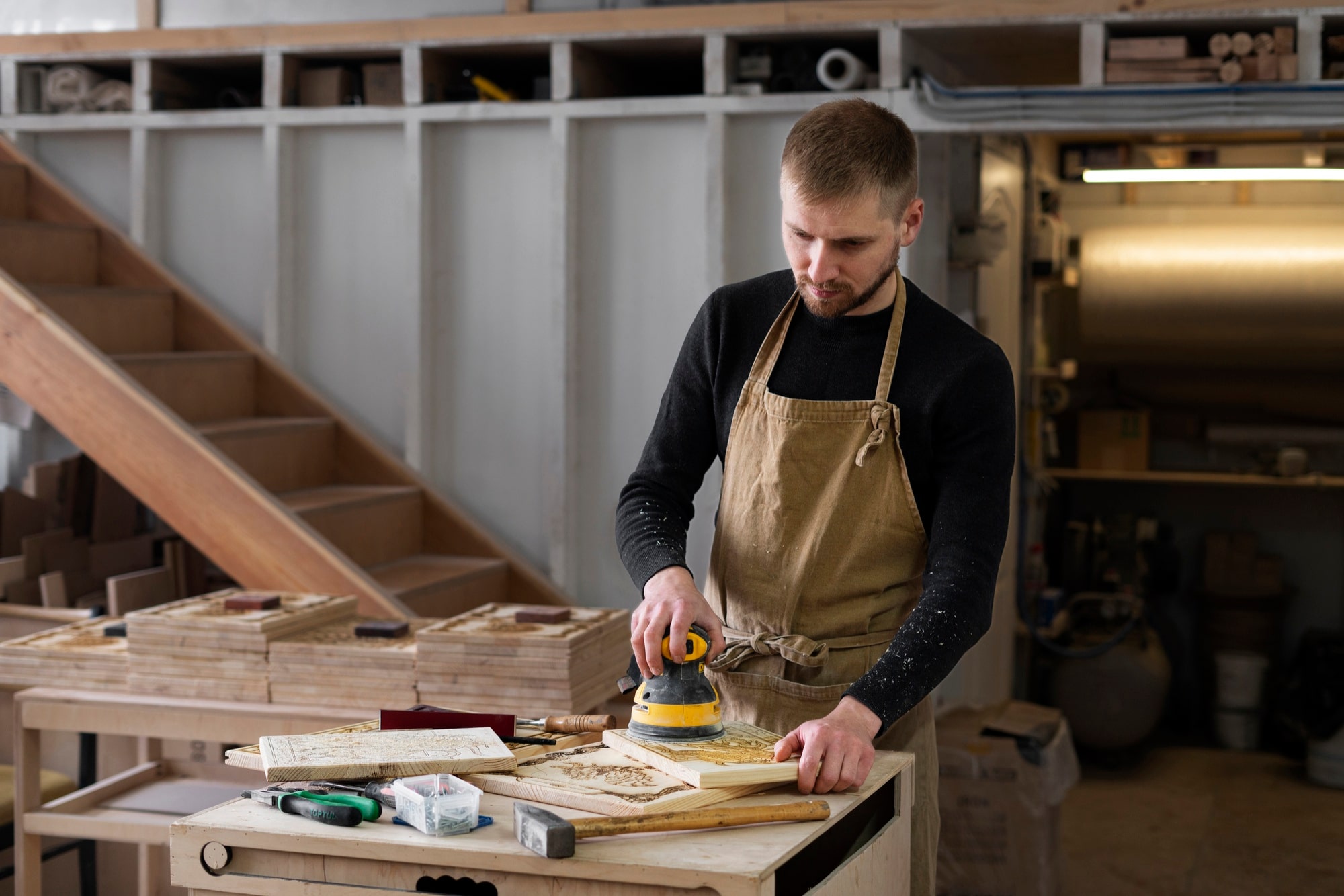 artisan ponçant une planche de bois dans l’atelier ACDC Menuiserie à Montpellier,